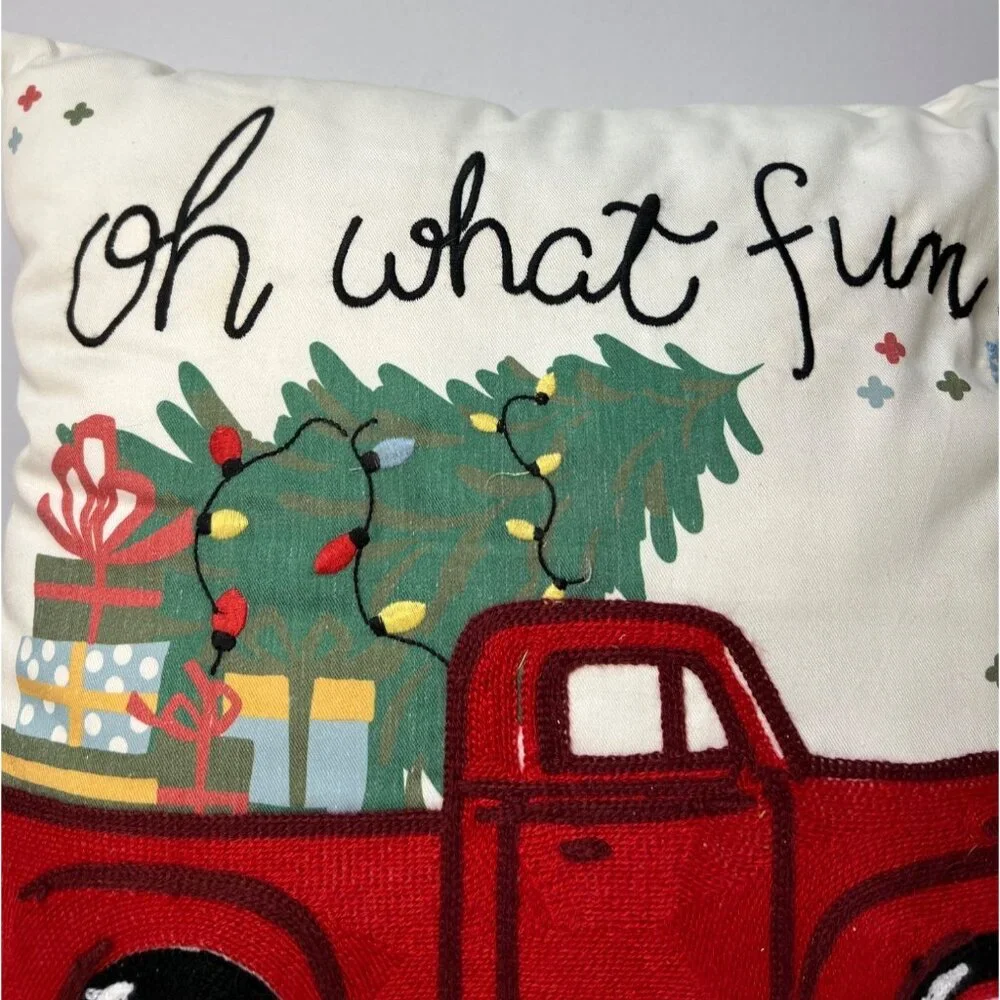 Christmas Pillow With Red Truck & Holiday Gifts  17'' x 17